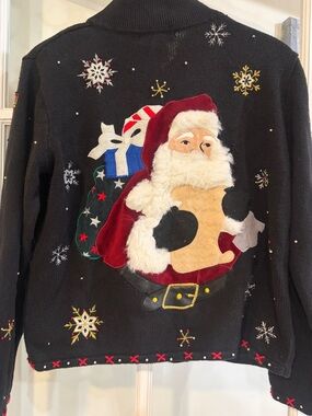 Hampshire Studio Women Santa Christmas Sweater Black Embroidered L Grandma